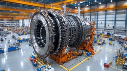 Manufacturing marvel: an intricate gas turbine engine under construction in a vast plant