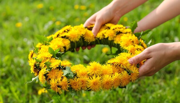Hands holding a dandelion flower wreath