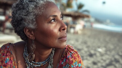 Thoughtful Mature Woman Beach Portrait Relaxed Peaceful Grey Hair African American Lady Summer Ocean View Calm Serene Contemplative Mindful Reflective Peaceful Hopeful             