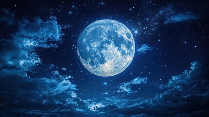 Mystical moonlit landscape with celestial clouds and sparkling stars in the night