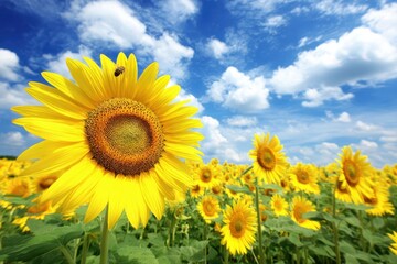 A vibrant sunflower field under a blue summer sky. Multiple sunflowers add color to the lush green landscape.
