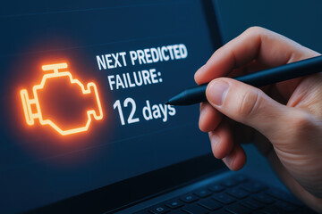 Next predicted failure alert on digital screen with hand holding stylus pen for maintenance engineer to prevent breakdown