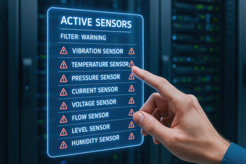 Predictive maintenance engineer monitors active sensors with warning alerts temperature vibration and pressure for efficient system control