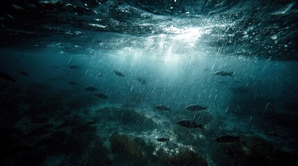 Fototapeta premium Underwater Scene with School of Fish Swimming in Clear Ocean Water
