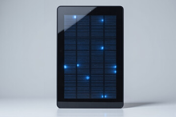 Modern solar panel with glowing blue lights on grey background  