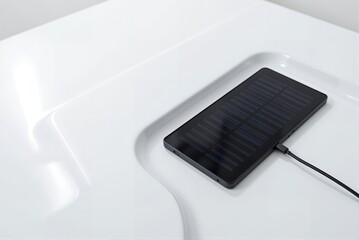 Solar charger placed on glossy white surface for modern devices  