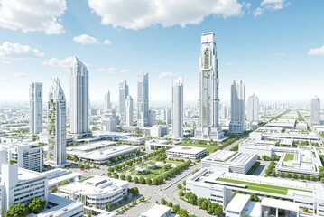 Modern city skyline with skyscrapers and green spaces in daylight  
