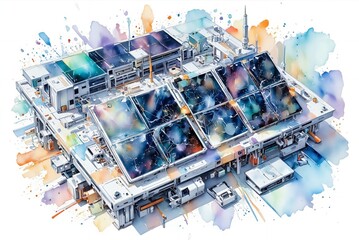 Industrial building with colorful watercolor effect on white background  
