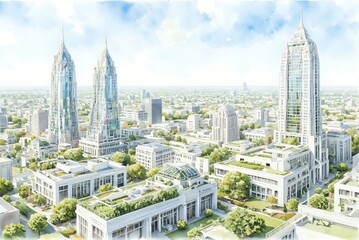 Modern city skyline with skyscrapers and green rooftops under blue sky  