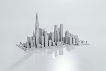 3D model of a modern city skyline in grey color scheme  