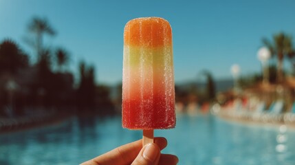 Melting colorful popsicle held in hand. Summer vibes