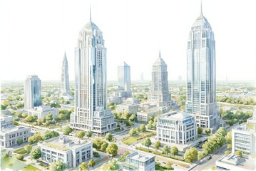 Urban skyline with modern skyscrapers and greenery in bright colors  