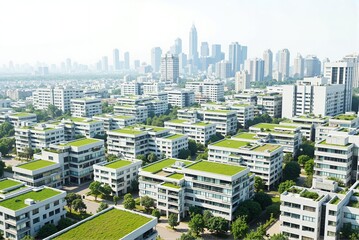Modern urban landscape with green rooftops and skyline view  