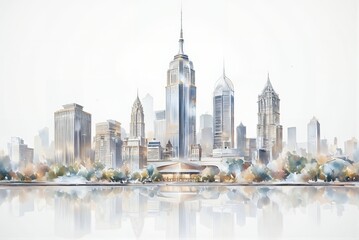 Modern skyline of New York City with reflections in serene colors  