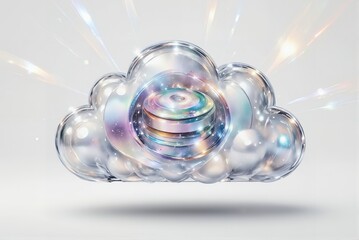 Iridescent cloud with swirling disks representing digital storage  