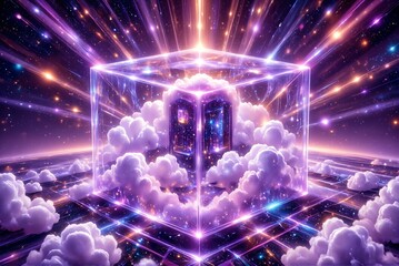 Surreal purple and pink portal emerging from clouds in cosmic space  