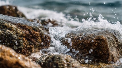 Ocean waves splashing against coastal rocks