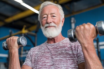 Fototapeta premium Senior Man Weightlifting Fitness Exercise Gym Workout Healthy Lifestyle Strong Active Elderly Person Strength Training Dumbbells Active Aging old beard power older adult image 