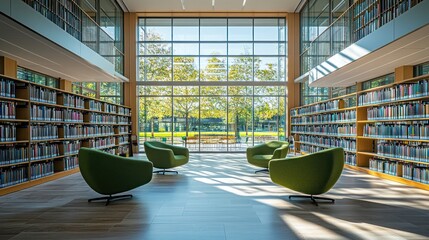 Architectural composition of an open library space with a view to the park
