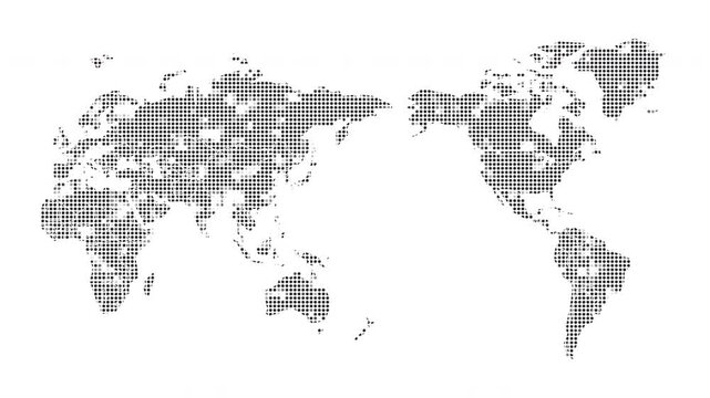 Animated World Map of Moving People Icons Representing Global Population Distribution with Dynamic Flashing Effects and Country Highlights in a Seamless 4K Loop for Infographics and Presentations