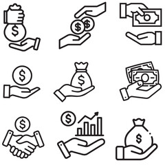 Collection of line art icons depicting money transactions and financial interactions. Features hands exchanging cash and coins, receiving money, holding a money bag, and a handshake. Perfect for illus