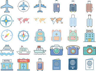 Travel Icon Set: Airplane, Luggage, Passport, Suitcase, World Map, Compass, Backpack, Hotel, Cruise Ship, Camera, Travel Icons, Tourism Symbols

