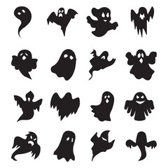 A set of sixteen diverse ghost vector silhouettes in black, ideal for Halloween. The collection features various spooky and friendly ghost shapes with different facial expressions and poses, suitable