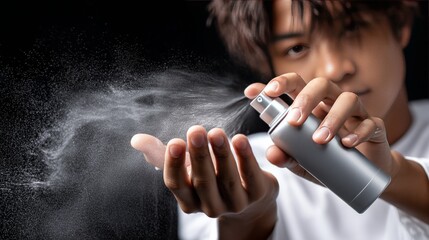 Young man applying spray in a studio with dramatic lighting and focus