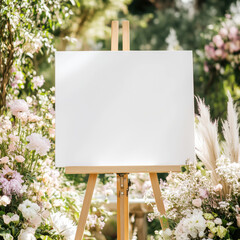 Blank canvas mock up welcome signboard on a wooden easel decorated with flowers and pampas grass