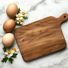 Fototapeta premium Rustic Wooden Cutting Board with Brown Eggs and White Flowers on Marble