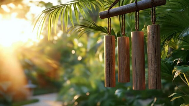 Wood chimes hang in tranquil, sunlit green garden