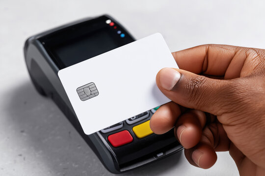 Blank contactless credit card ready for tap-to-pay at a point-of-sale terminal, perfect template for digital banking, consumer finance, and bank debit or credit card design template