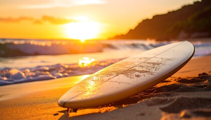 Surfboard on beach at sunset