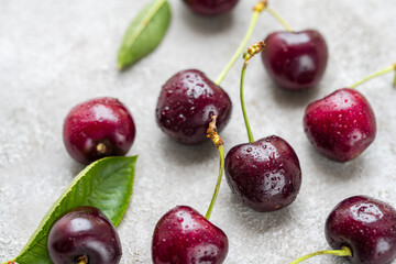 Fresh cherries fruits in a plate, macro photography, summer fruits. Abstract fruit food photo