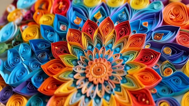 Detailed macro of vibrant concentric paper quilling art featuring a floral petal design with rolled paper layers