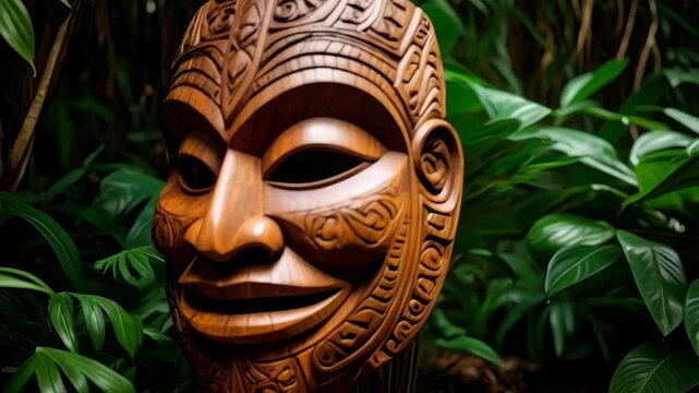Close-up of a hand-carved wooden mask with detailed designs in a tropical jungle setting showing an ancient tribal look