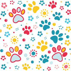 Fototapeta premium Whimsical pattern of colorful paw prints and flowers on a white background