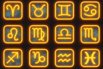 Glowing zodiac icons in orange and blue neon style