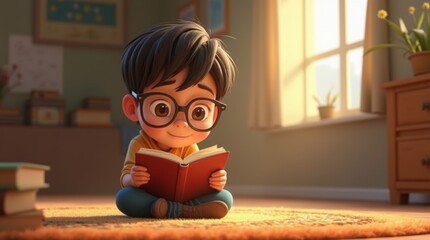 Kid with round glasses reading in cozy room