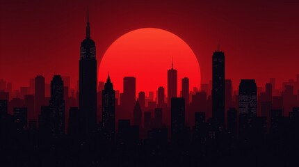 Red sun behind black city skyline at dusk