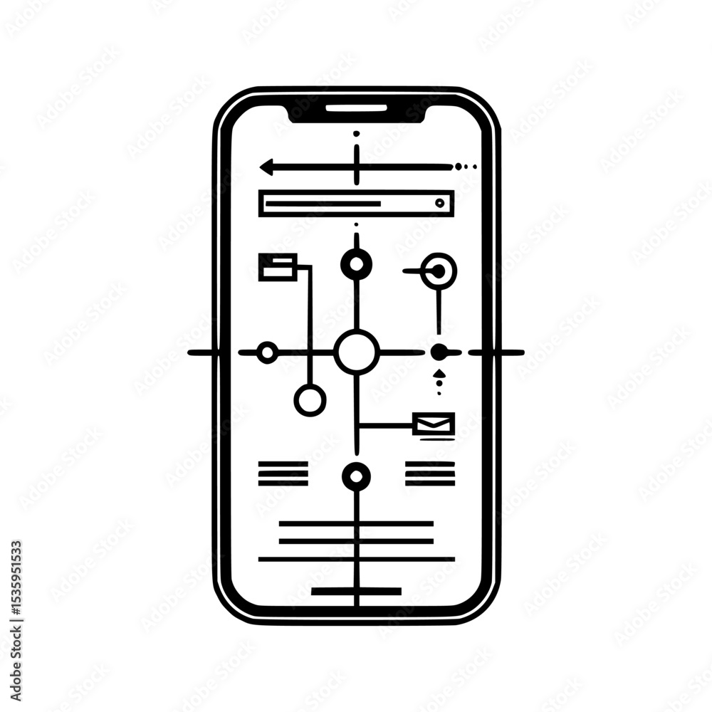 Poster smartphone displaying a network diagram with connected circles, lines, and interface elements in a m