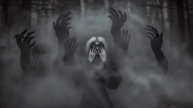 Mysterious dark hands emerge from fog, surrounding a terrified woman in a black dress covering her eyes in a dark, misty forest, creating a gothic horror scene