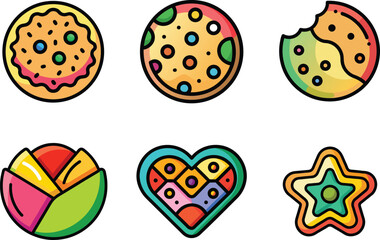 Cookie Icon Set | Colorful Flat Vector Sweet Biscuit Icons with Black Outline Style