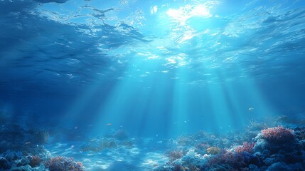 Fototapeta premium Stunning Underwater Scene Sunlight Rays Ocean Coral Reef Tranquil Serene Peaceful Blue Aquatic Marine Life Vibrant Colors Tropical Paradise Underwater World Deep Sea Beauty Nature 