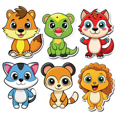 Cute cartoon animals, various species, sitting and standing poses