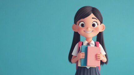 Cartoon girl with pigtails holding books, smiling against a bright blue background