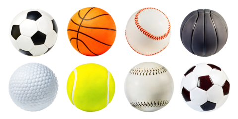 Sports balls and equipment collection set isolated on transparent or white background, png