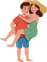 Fototapeta premium Couple enjoying affectionate moment man carrying woman in dress and hat vector illustration 