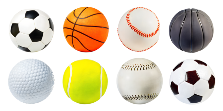 Sports balls and equipment collection set isolated on transparent or white background, png
