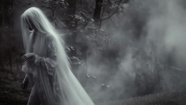 Pale haired female wandering through misty woodland, embodying gothic horror aesthetic with ethereal presence and haunting silhouette against shadowy forest landscape